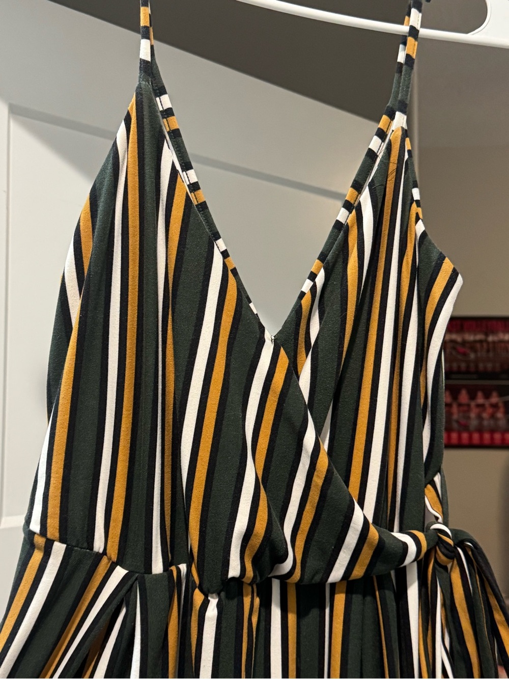 Striped V-Neck Tie-Waist jumpsuit in Forest Green and Mustard